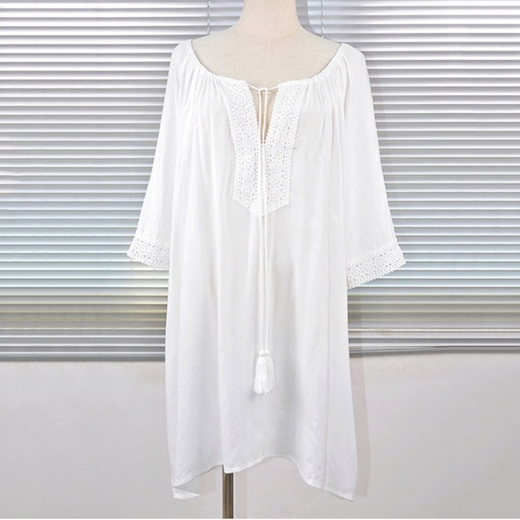 Boho White Tassel Fringe Tunic Beach Coverup - Picture 2 of 6